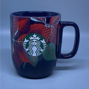 Starbucks Dark Blue Mug with Red and Green Poinsettia
